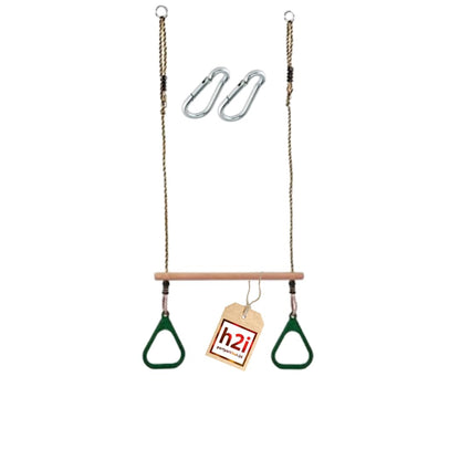h2i Trapeze Swing with Gymnastic Rings | Wooden Trapeze Bar with Ropes & Carabiner | Plastic Gymnastic Rings in Green | Kids Swing for Outdoor & Indoor Use | Children's Gymnastics Equipment
