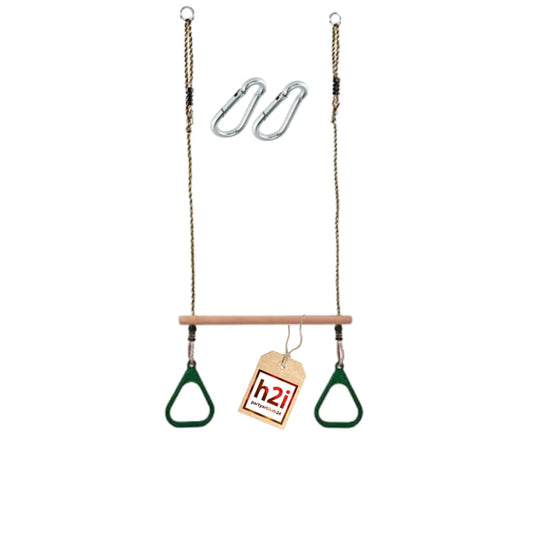 h2i Trapeze Swing with Gymnastic Rings | Wooden Trapeze Bar with Ropes & Carabiner | Plastic Gymnastic Rings in Green | Kids Swing for Outdoor & Indoor Use | Children's Gymnastics Equipment
