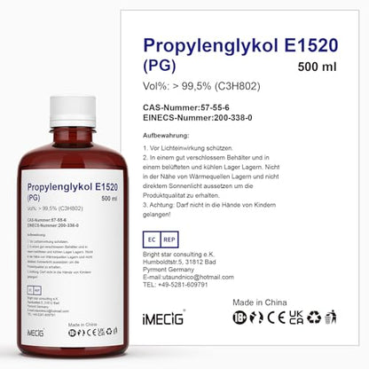 IMECIG 2 x 500ml PG Propylene Glycol liquid E1520, purely plant-based, 0% additives, high-quality.
