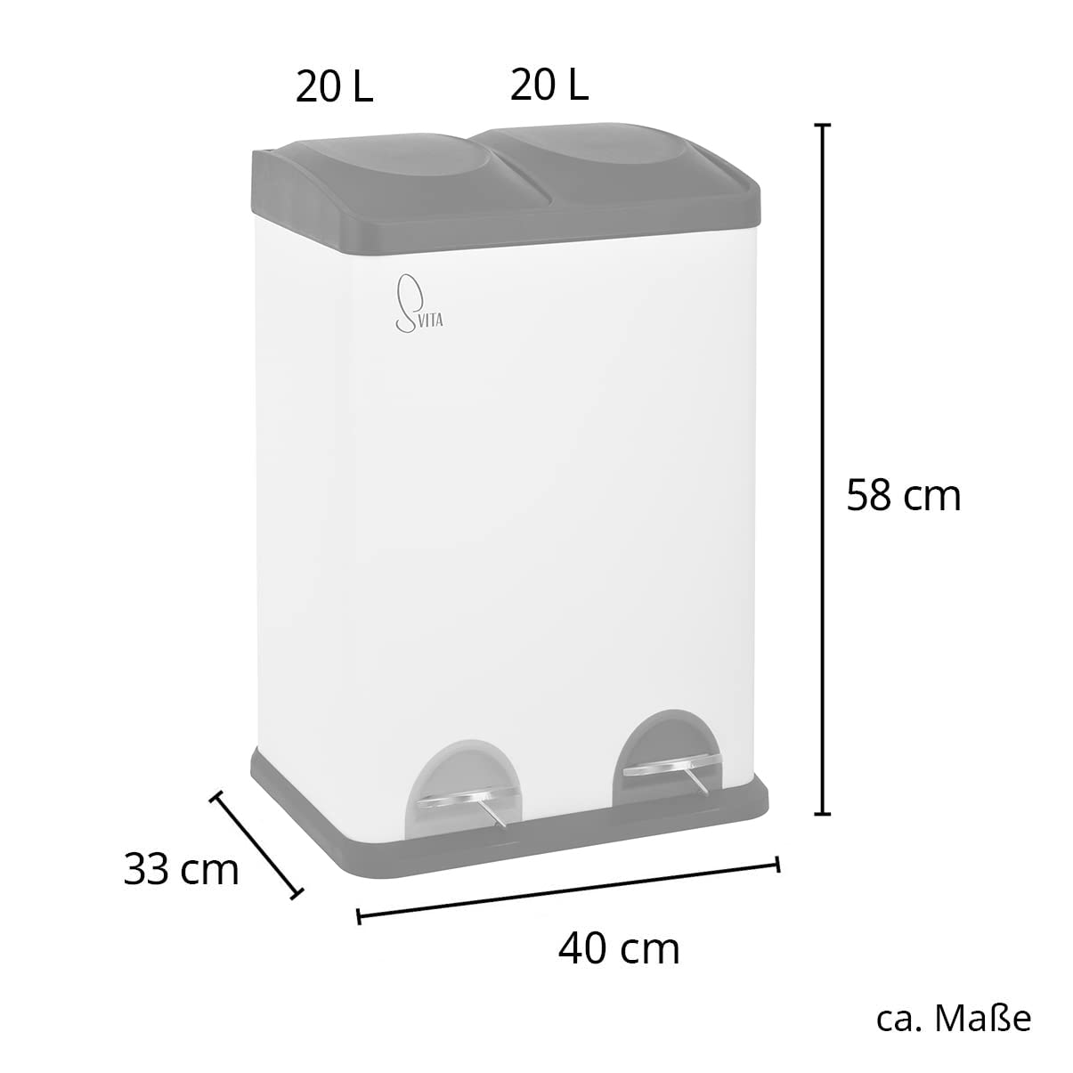 SVITA TC2X20 Kitchen Bin 40L Capacity 2x20L Trash Bin 2 Compartment Garbage Can Waste Separation Step Bin Steel White