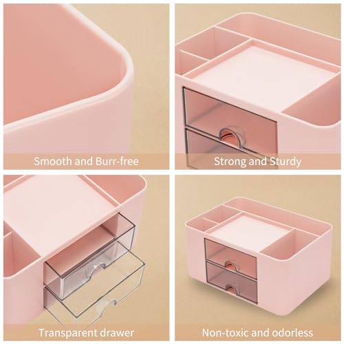 RISEMART desk organizer with 2 drawers, pencil holder, large capacity, stationery storage box for school, office, home, makeup, desk accessories, pink