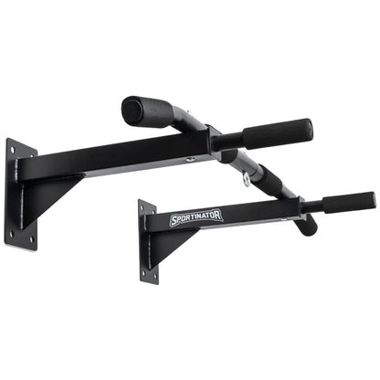 SPORTINATOR® pull-up bar including black accessories for wall mounting, suitable for home gym, various strength exercises, high-quality stainless steel, unisex, supports up to 150 kg.