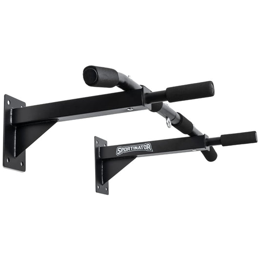 SPORTINATOR® pull-up bar including black accessories for wall mounting, suitable for home gym, various strength exercises, high-quality stainless steel, unisex, supports up to 150 kg.