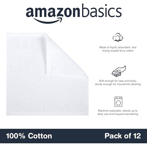 Amazon Basics face towels for bathroom, 100% cotton, highly absorbent washcloths, quick-drying, towels for beauty salon, 30 x 30 cm, 12-pack, white.