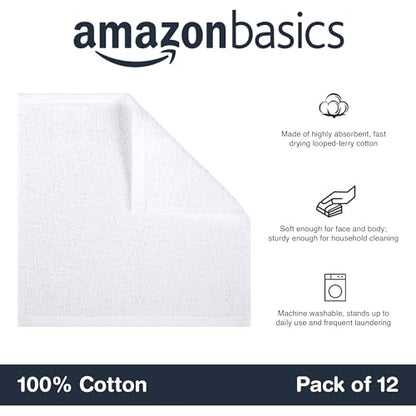 Amazon Basics face towels for bathroom, 100% cotton, highly absorbent washcloths, quick-drying, towels for beauty salon, 30 x 30 cm, 12-pack, white.