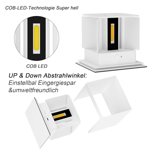 Aipsun 2 pcs LED battery wall light with motion sensor in white, wireless wall lamp with 5500mAh battery, 5W, glow on top and bottom, 2700K warm white, for indoor use.