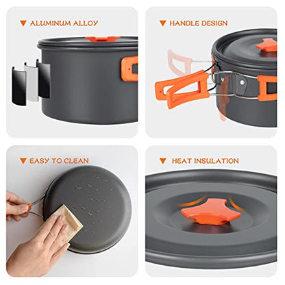 Overmont Camping Cookware Set outdoor dish set pot set picnic pot with coffee pot tea pot aluminum for 3-4 people.