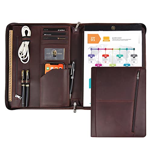 Calfinder a4 Writing Portfolio, Leather Business Portfolio, Zipper Conference Portfolio/a4 Clipboard, Document Folder for iPad Pro 10.5/11, Gifts for Women/Men, Dark Brown