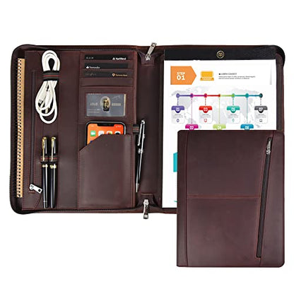Calfinder a4 Writing Portfolio, Leather Business Portfolio, Zipper Conference Portfolio/a4 Clipboard, Document Folder for iPad Pro 10.5/11, Gifts for Women/Men, Dark Brown