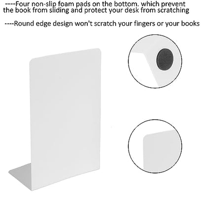 Deefongo 12 white decorative metal bookends, sturdy book supports for shelves, partition, stopper, holder, white metal bookends with non-slip rubber pad for decoration, home, office