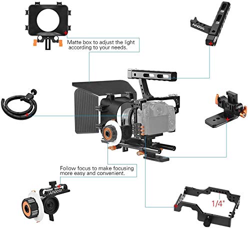 Andoer C500 Camera Rig Aluminum Alloy Kit with Camera Cage, Matte Box, Follow Focus, Hand Grip, 15mm Rod for Panasonic GH4. Camera recorder video cage rig installation set for film.