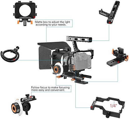 Andoer C500 Camera Rig Aluminum Alloy Kit with Camera Cage, Matte Box, Follow Focus, Hand Grip, 15mm Rod for Panasonic GH4. Camera recorder video cage rig installation set for film.