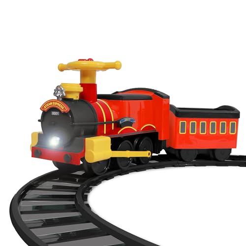 ROLLPLAY Electric Train Steam Train with trailer (children's vehicle to sit on, train emits water vapor, locomotive including track set length 7.3 m, for children) 26311