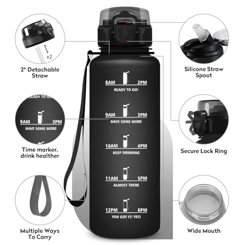 Sports water bottle 1.5L, leak-proof bottle with straw, motivational bottle with time markings, suitable for carbonated drinks, ideal for gym, camping, biking, adult use.