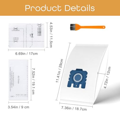 10 Replacement vacuum cleaner bags compatible with Miele vacuum cleaners GN series, Classic C1, Complete C2, Complete C3, S2, S4, S5, S6, S8 series. Includes 3 motor protection filters and 3 exhaust filters.
