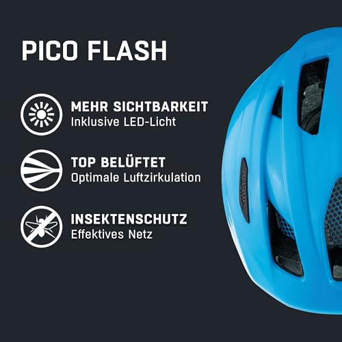 ALPINA PICO Flash - Illuminated, Lightweight & Impact-Resistant Bike Helmet with Insect Net for Kids, neon Blue Gloss, 50-55 cm