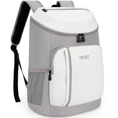 Tourit cooler backpack for 30 cans, lightweight, insulated, leakproof, soft cooler bag, large capacity, men and women, picnics, camping, hiking, beach, park, or day trips, light gray white.