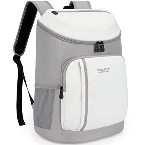Tourit cooler backpack for 30 cans, lightweight, insulated, leakproof, soft cooler bag, large capacity, men and women, picnics, camping, hiking, beach, park, or day trips, light gray white.