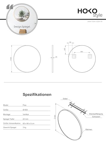 HOKO Round Wall Mirror 60cm with seamless gold metal frame and premium aluminum hooks - Perfect for bathroom, living room, hallway, hotel.