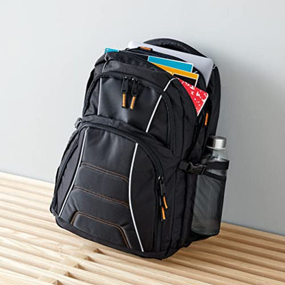 Amazon Basics laptop backpack with padded shoulder straps and storage compartments for pens, keys, phone, suitable for most laptops up to 17 inches, Black.