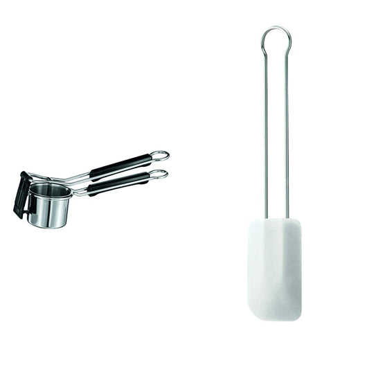 RÖSLE Potato Masher, Silver/Black & Dough Scraper, High-quality dough spatula for baking and cooking, durable silicone, white, 26cm, Stainless Steel 18/10, -30°C to +200°C, Dishwasher safe