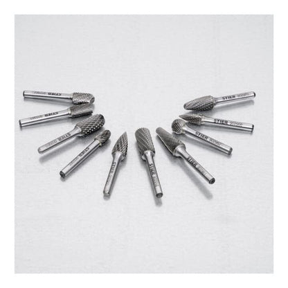 BULL Carbide Burrs Set 10 pcs, 6mm shank diameter, burr shapes: cylinder plain end, ball nose, oval, drop, pointed arch, high cutting speed 840 m/min.
