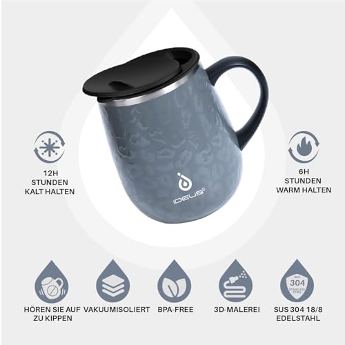 Ideus Coffee Cup 470 ml (16 oz), double-walled vacuum insulated coffee and tea mug made of stainless steel with non-slip handle and sliding lid with large capacity (Leopard Gray)