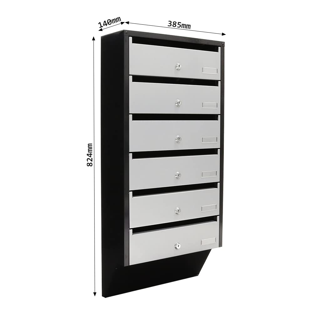Rottner Depot 6 Letterbox System Silver Black Cylinder lock 2 keys per compartment Name tag holder included Mounting material