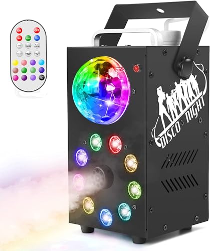 700W fog machine with disco ball, LED lights, and remote control. Colorful sprays perfect for Halloween, Christmas, parties, and stage performances.