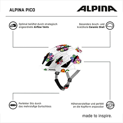 Alpina PICO - Lightweight, optimally ventilated & impact resistant bike helmet with insect net for children, optional with light, pearl white-flower gloss, 50-55 cm.
