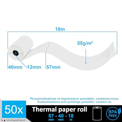 50 EC-Cash thermal rolls 57 x 40 x 12 for EC devices with thermal printers, thermal paper EC-Cash receipt roll, Bisphenol-A free Ø40 mm