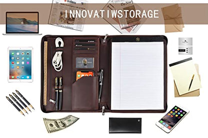 Calfinder a4 Writing Portfolio, Leather Business Portfolio, Zipper Conference Portfolio/a4 Clipboard, Document Folder for iPad Pro 10.5/11, Gifts for Women/Men, Dark Brown