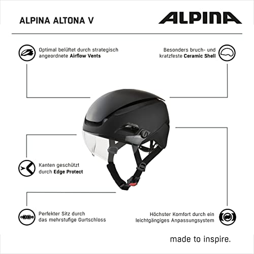 Alpina Altona V - Extremely Lightweight, Illuminated & Ventilated Bike Helmet with Self-Tinting Visor for Adults, Black-Stealth matt, 52-57 cm