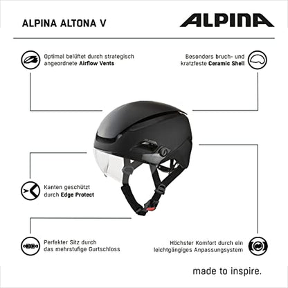 Alpina Altona V - Extremely Lightweight, Illuminated & Ventilated Bike Helmet with Self-Tinting Visor for Adults, Black-Stealth matt, 52-57 cm