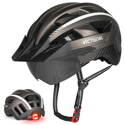 VICTGOAL bike helmet with visor Mountain bike helmet with magnetic glasses Detachable visor, road bike helmet with LED taillight Size M/L/XL for adult men women (TI-UK, L: 57-61cm)