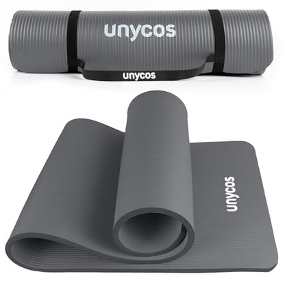unycos - Gymnastics Mat - Yoga Mat Non-Slip【183x60 cm】NBR 15 mm Thickness | Includes Carry Strap and E-Book with Exercises, Non-Toxic Exercise Mat for Fitness, Pilates & Gym, Home Workout (Gray)