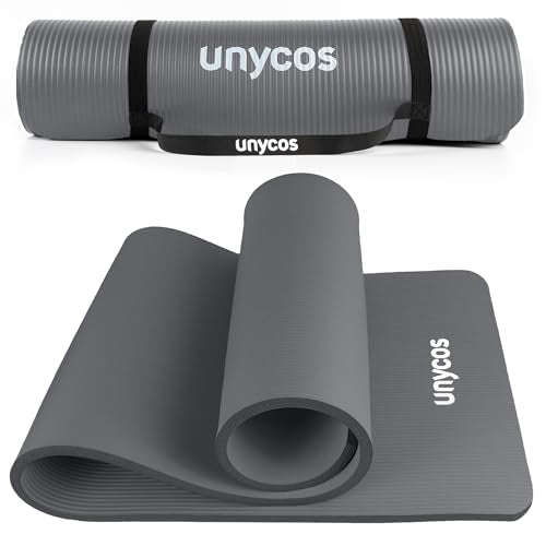 unycos - Gymnastics Mat - Yoga Mat Non-Slip【183x60 cm】NBR 15 mm Thickness | Includes Carry Strap and E-Book with Exercises, Non-Toxic Exercise Mat for Fitness, Pilates & Gym, Home Workout (Gray)