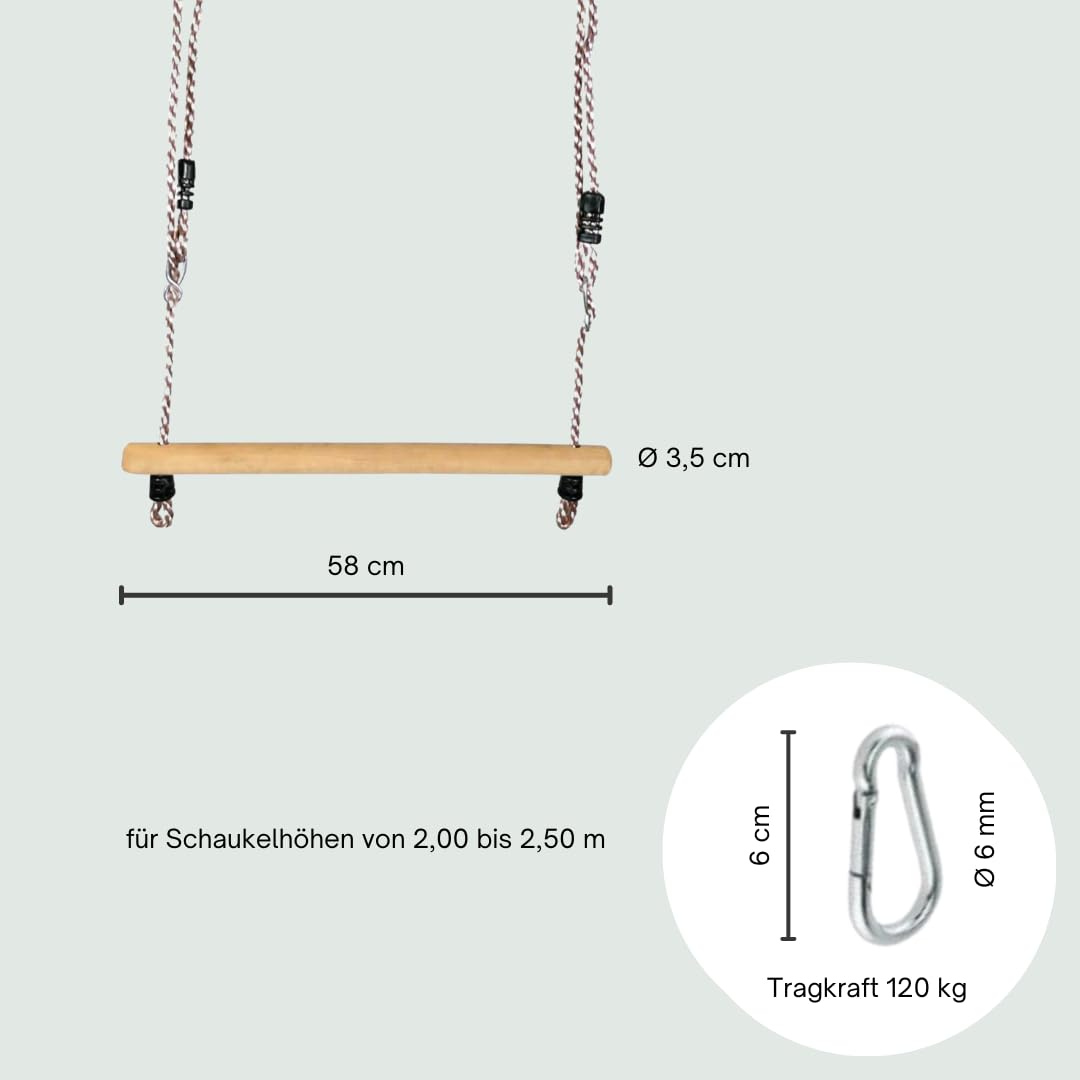 Trapeze Swing | Trapeze bar with adjustable ropes & carabiner for hanging | Wooden swing bar | Kids swing for outdoor & indoor | Gymnastics equipment for children