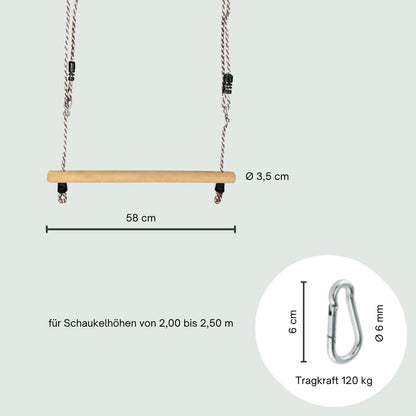 Trapeze Swing | Trapeze bar with adjustable ropes & carabiner for hanging | Wooden swing bar | Kids swing for outdoor & indoor | Gymnastics equipment for children