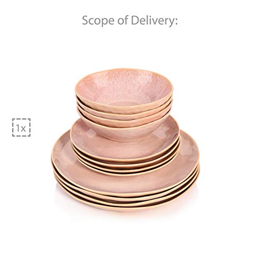 SINGER | Tableware Nice made of earthenware, 12-piece dinner set for 4 people, Pink with gold rim, Modern design