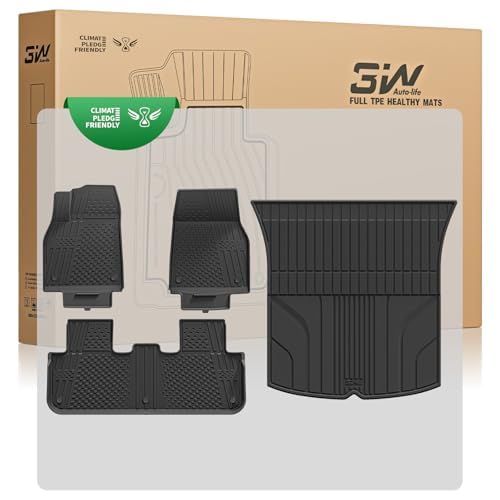 3W Tesla Model Y New 2025 2026 Juniper Floor Mats and Cargo Liner, TPE All-Weather Custom Fit Floor Mat 1-2 Rows and Cargo Mats Complete Set Tesla Model Y 2025 2026 Car Floor Mats Accessories