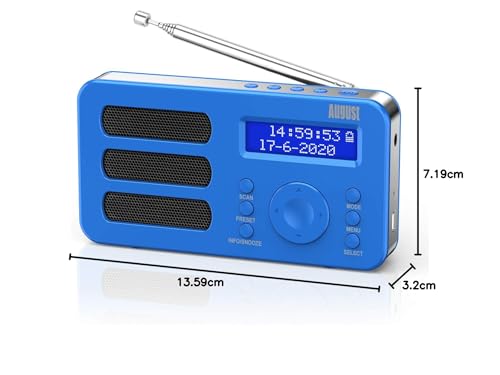 August MB225 - Portable radio with DAB+ / DAB/FM RDS function 40 presets digital radio alarm clock stereo/mono digital radio with sleep timer dual alarm snooze and rechargeable battery audio input.