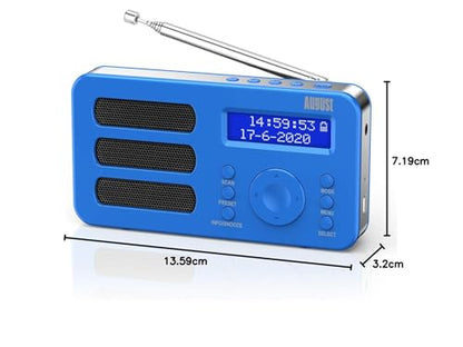 August MB225 - Portable radio with DAB+ / DAB/FM RDS function 40 presets digital radio alarm clock stereo/mono digital radio with sleep timer dual alarm snooze and rechargeable battery audio input.