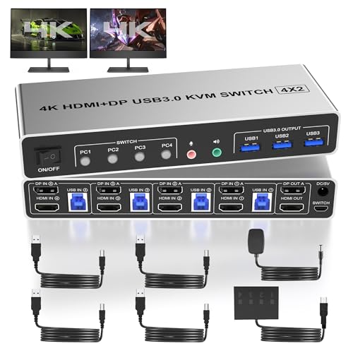 USB 3.0 Displayport+HDMI KVM switch for 4 PCs and 2 monitors at 4K@60Hz. Dual monitor KVM switches with 3 USB devices, allowing 4 computers to share 2 monitors with 1 set of mouse, keyboard, U-disk, and printer.