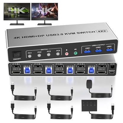 USB 3.0 Displayport+HDMI KVM switch for 4 PCs and 2 monitors at 4K@60Hz. Dual monitor KVM switches with 3 USB devices, allowing 4 computers to share 2 monitors with 1 set of mouse, keyboard, U-disk, and printer.