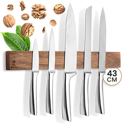 Magnetic Wooden Knife Strip - Self-Adhesive without Drilling - XL Magnet Strip Holds up to 10 Knives - 43x6.2cm - [SUPER SECURE] - Walnut Magnetic Knife Holder for Kitchen - Magnet Knife Rack