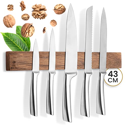 Magnetic Wooden Knife Strip - Self-Adhesive without Drilling - XL Magnet Strip Holds up to 10 Knives - 43x6.2cm - [SUPER SECURE] - Walnut Magnetic Knife Holder for Kitchen - Magnet Knife Rack