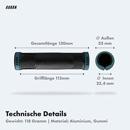 AARON MTB bicycle grips, sporty handlebar grips made of non-slip rubber, Gray Blue Lock-On Gel grips with handlebar end caps for mountain bike, trekking bike, e-bike, crossbike, fixie and more.