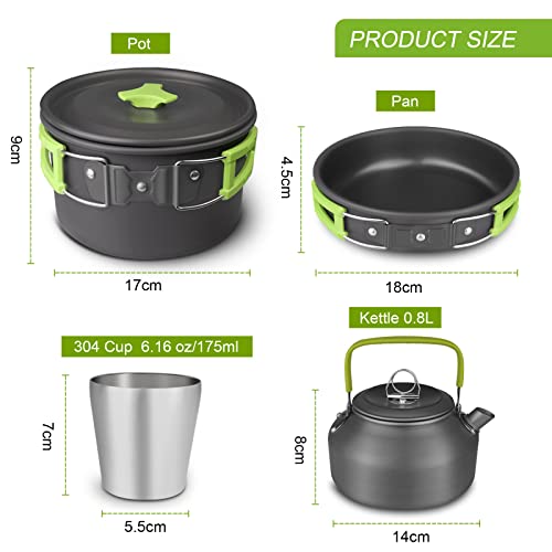 AUTOPkio Camping Cookware Set, 14-Piece Camping Pots Outdoor Cooking Pot with 0.8L Teapot 2 Cups Foldable Utensils Aluminum Picnic Pot for 2-3 People Hiking BBQ (Set with Cups)