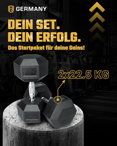 HQ Germany® Hexagon Dumbbells 22.5kg 2 pieces | Odorless, ±1.5% weight tolerance | 22.5kg dumbbell, 22.5kg dumbbell set, short dumbbell, 22.5kg dumbbell set, hexagon dumbbell set